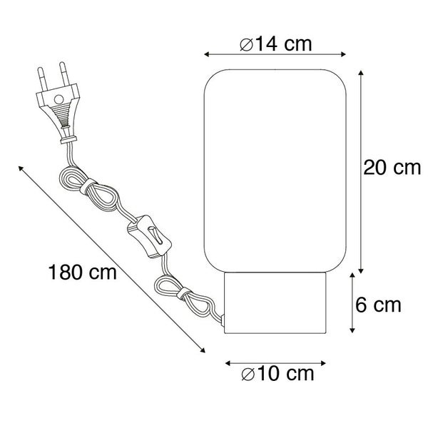 Technische Zeichnung einer Tischleuchte mit den Maßen 20 cm Höhe, 14 cm Durchmesser oben, 10 cm Durchmesser unten und 180 cm Kabellänge.