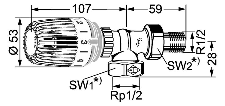 HEIMEIER Rücklauftemperaturbegrenzer RTL Eckform, Außengewinde R 1/2, Anschluss M30 x 1,5, 9173-02.800