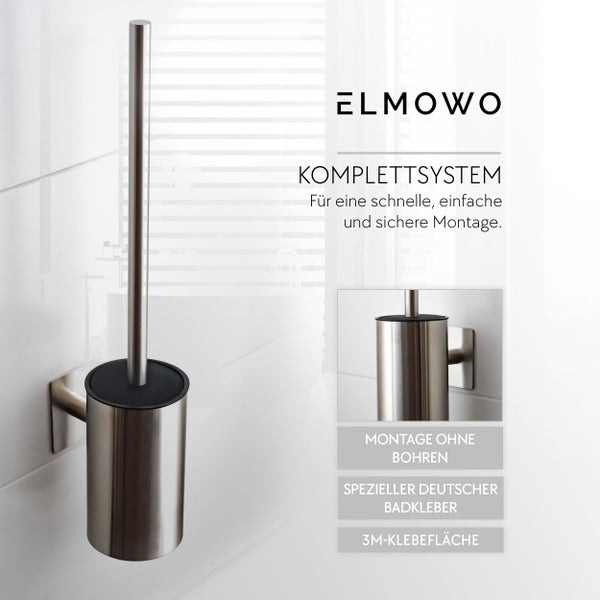 Wandmontierte WC Bürstengarnitur aus Edelstahl von ELMOWO zur Klebemontage ohne Bohren inklusive 3M Klebefläche.