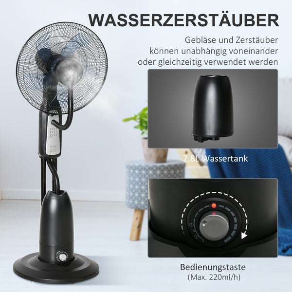 HOMCOM Standventilator mit 2,8 Liter Wasserkühlung, 90 W Ventilator mit Timer-Funktion Lüfter mit 3 Modi mit Nebelfunktion, Verstellbarer Neigungswinkel, Metall, Schwarz, 44,5cm x 44,5cm x 120cm
