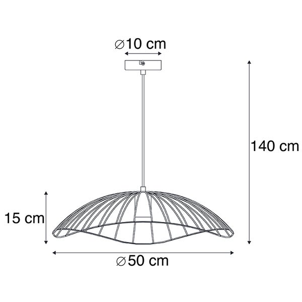 Technische Zeichnung einer Pendelleuchte mit den Maßen 50 cm Durchmesser, 15 cm Höhe und 140 cm Gesamthöhe