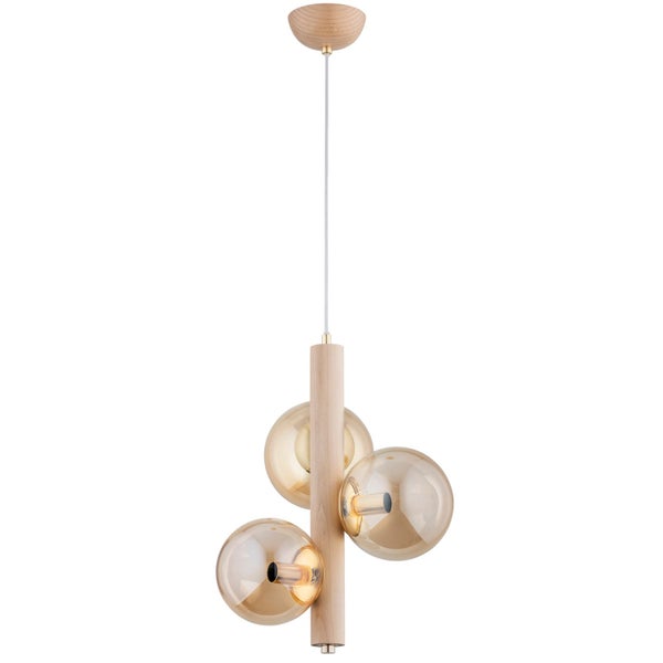 Moderne Hängeleuchte mit Holzelement und drei kugelförmigen Glasschirmen für die Innenbeleuchtung.
