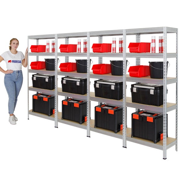 PROREGAL Mega Deal 4x Schwerlastregal Rivet HxBxT 180 x 75 x 35 cm Fachlast 150 kg Verzinkt