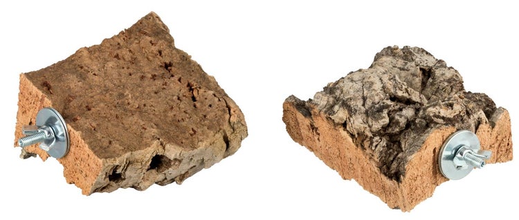 Naturkork-Sitzbrett für Kleintiere und Vögel mit Schraubbefestigung und Flügelmutter.