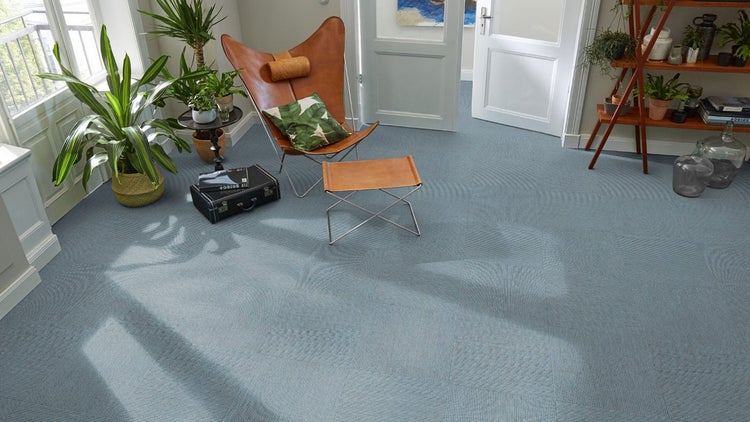 Hellblauer Teppichboden in einem hellen Wohnzimmer mit Schmetterlingssessel aus Leder und zahlreichen Zimmerpflanzen.