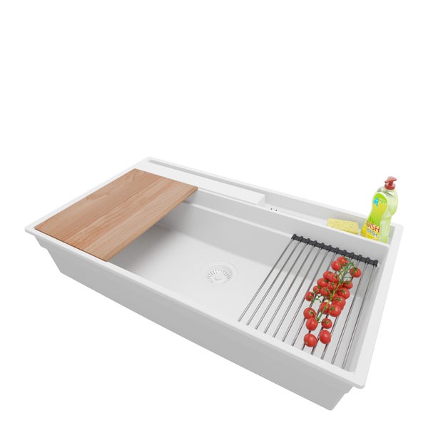 PRIMAGRAN Spülbecken Alles Weiß 88x53cm, Granitspüle 1 Becken + Ablauf-Set + Küchenzubehörset, Küchenspüle ab 90er Unterschrank - Oslo Pocket