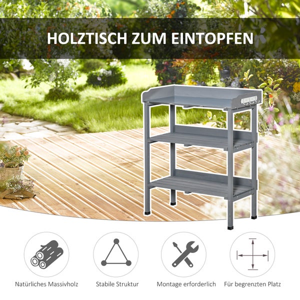 Outsunny Pflanztisch Gärtnertisch Blumentisch mit Metall Arbeitsfläche Garten Holz Grau 76 x 37 x 89 cm
