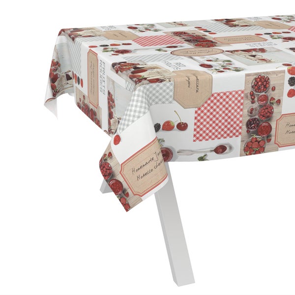 Abwischbare Tischdecke mit Motiven von Beeren, Marmeladengläsern und rot-weißem Karomuster.