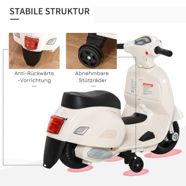 HOMCOM VESPA Elektromotorrad, 18-36 Monate, 3 km/h, LED-Licht Sound, 66,5 x 38 x 52 cm, Kunststoff, Metall, Weiß