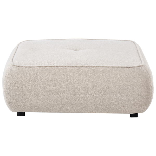 Offwhite-farbener rechteckiger Hocker mit Bouclé-Bezug, Knopfheftung und niedrigen schwarzen Füßen.