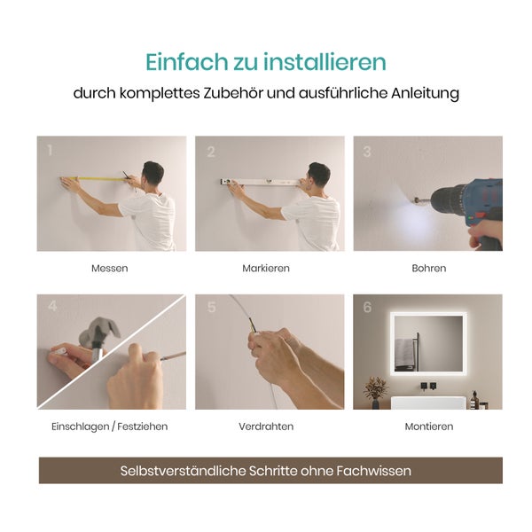 EMKE Badspiegel mit Beleuchtung 50 x 60 cm, LED-Spiegel mit Kippschalter, Anti-Beschlag, Kaltweiß/Warmweiß, Mattierter Rand