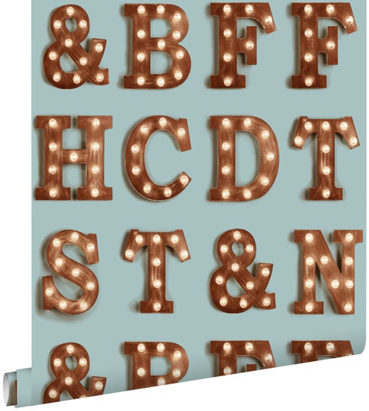 Tapete mit Buchstaben und Zeichen mit Glühbirnen