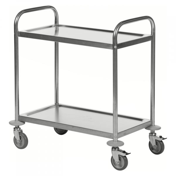 Servierwagen aus Edelstahl mit zwei Ablageflächen und Rollen