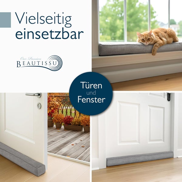Beautissu Logo, Zugluftstopper für Türen und Fenster, vielseitig einsetzbar an Türen und auf der Fensterbank.