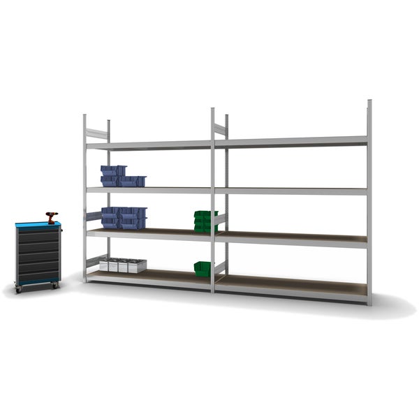 PROREGAL Weitspannregal Stecksystem T-Profil Grundregal HxBxT 250x200x60 cm 4 Ebenen Spanplatten Fachboden Fachlast 350 kg Verzinkt