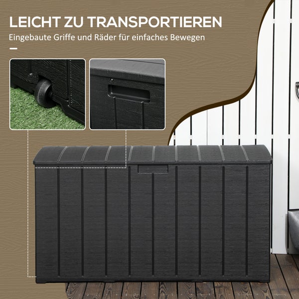 Gartenbox aus Kunststoff in Holzoptik mit integrierten Rollen und Griffen für einfachen Transport.