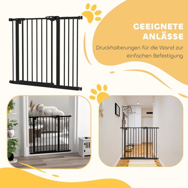 PawHut Türschutzgitter Hunde, Absperrgitter, 74-94 cm, Treppenschutzgitter für Haustier, Hundegitter inkl. Verlängerung, Schutzgitter ohne Bohren, Metall, Kunststoff, Schwarz
