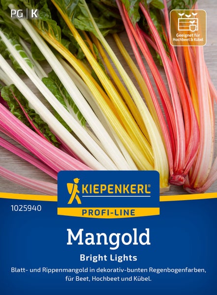 Kiepenkerl Profi Line Mangold Bright Lights Saatgut fuer Beet Hochbeet und Kuebel mit farbigen Stielen und gruenen Blaettern