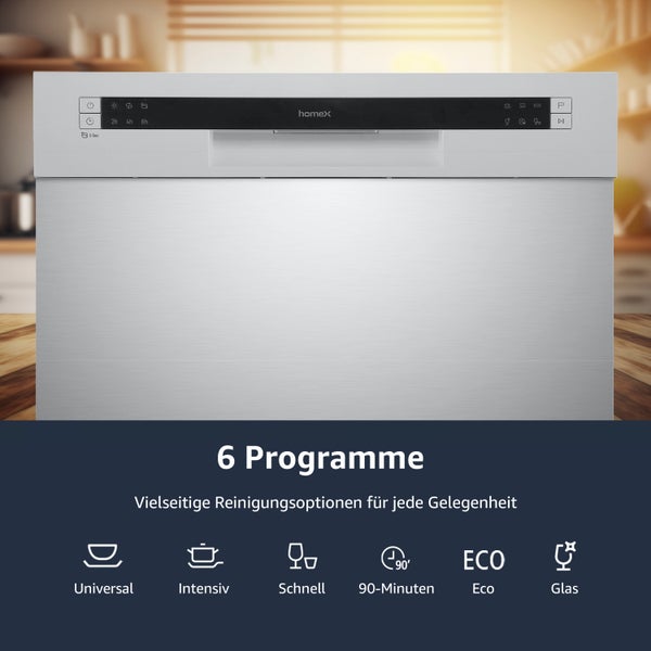 homeX Tischgeschirrspüler Mini Geschirrspüler 6 Programme Spülmaschine klein 6 Maßgedecke Aquastop GST6AE-S