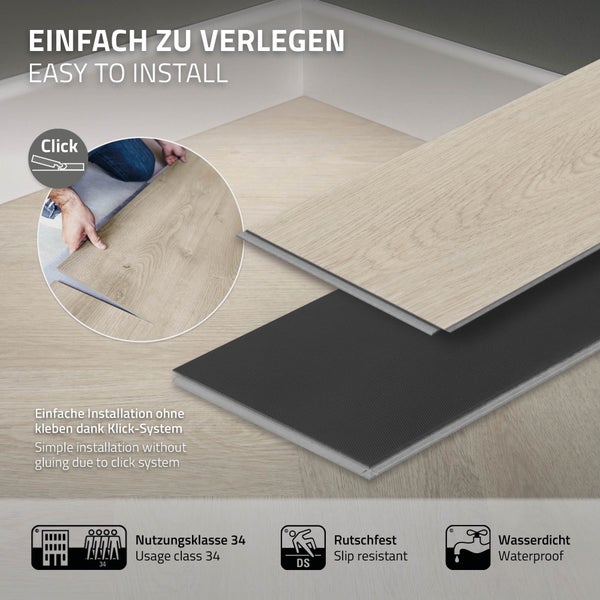 ML-Design Deluxe PVC Bodenbelag, Click Vinyl-Dielen Vinylboden, 61cmx12,8cmx4,2mm, Dicke 4,2mm, 3,12m²/40 Dielen, Fischgrät Eiche hell, Braun, Holzoptik, rutschfest, wasserfest, Belastungsklasse 34