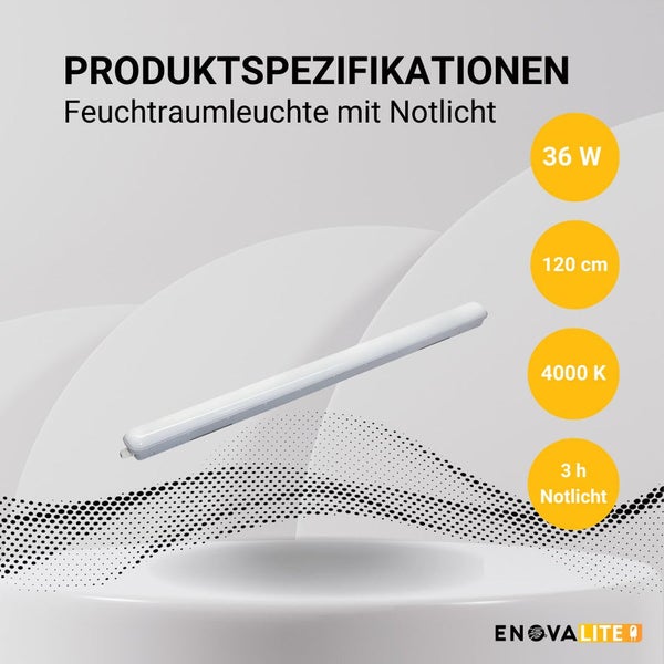 Feuchtraumleuchte mit Notlichtfunktion und den Produktspezifikationen 36 Watt, 120 Zentimeter, 4000 Kelvin und 3 Stunden Notlicht