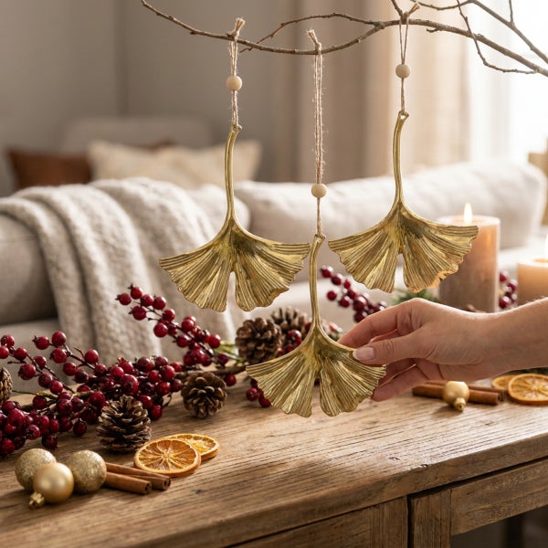 Drei hängende Ginkgoblatt Anhänger aus Metall als weihnachtliche Dekoration auf einem Holztisch mit Tannenzapfen, Beeren und Zimtstangen.