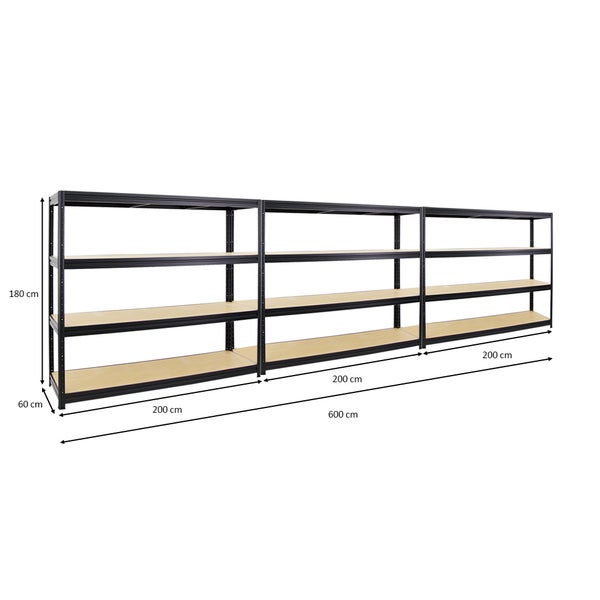 PROREGAL Mega Deal 3x Schwerlastregal Dino HxBxT 180 x 200 x 60 cm Fachlast 500 kg Schwarz