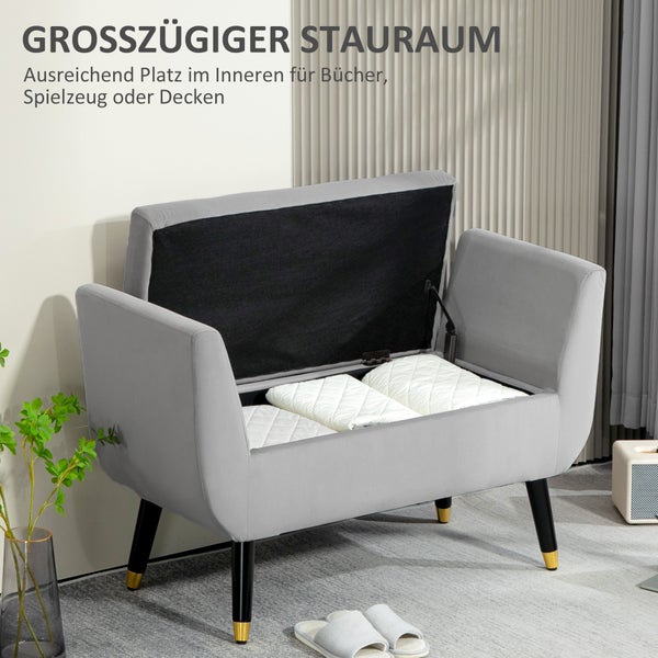 HOMCOM Sitzbank mit Stauraum Armlehnen Polsterbank mit Samtoptik, Sitztruhe mit Holzbeine, Truhenbank für Wohnzimmer Schlafzimmer Flur 107 x 42 x 65 cm, Hellgrau