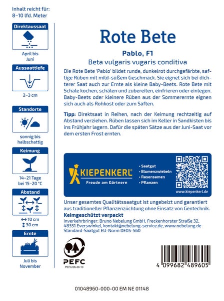 Saatgut Rote Bete Pablo F1 von Kiepenkerl mit Anbauinformationen