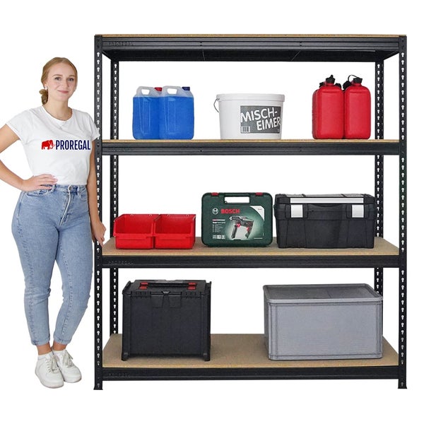 PROREGAL Mega Deal 4x Profi Schwerlastregal Bison HxBxT 200 x 180 x 60 cm 4 Fachböden Fachlast 600 kg Schwarz