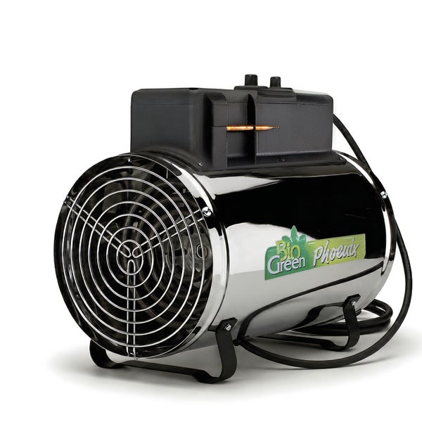 Bio Green Phoenix Gewächshausheizung aus Edelstahl mit Thermostat und Schutzgitter für gleichmäßige Wärmeverteilung.