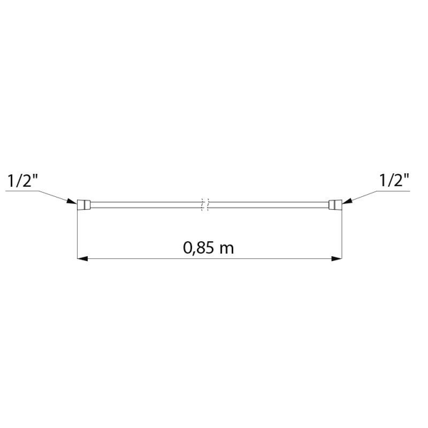 Maßzeichnung eines Brauseschlauchs mit einer Länge von 0,85 Meter und beidseitigen Anschlüssen von 1/2 Zoll.