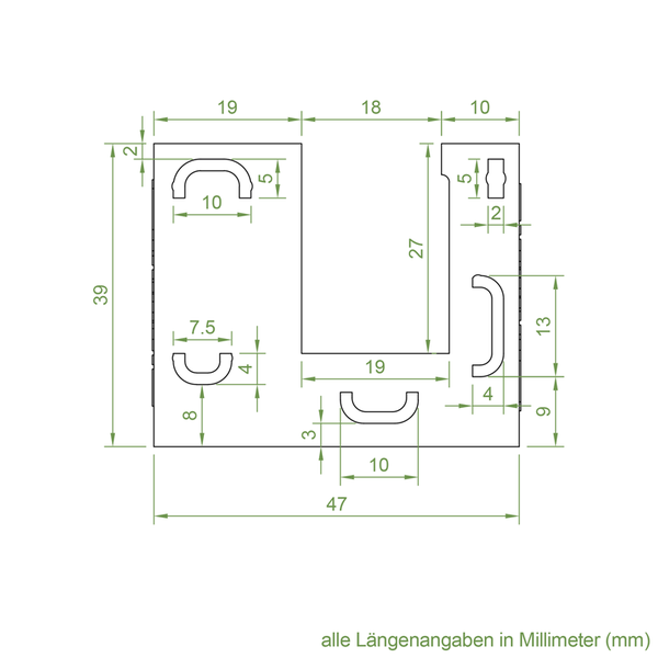 Technische Zeichnung mit Maßangaben in Millimetern für ein U-förmiges Bauteil.