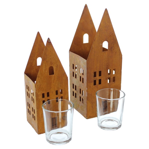 FRANK FLECHTWAREN | Windlicht Rostoptik, 2er Set, METALL, 6 x 6 x 18 cm, 8 x 8 x 22 cm, Glas Ø 5 x 7 cm, ohne Teelichter