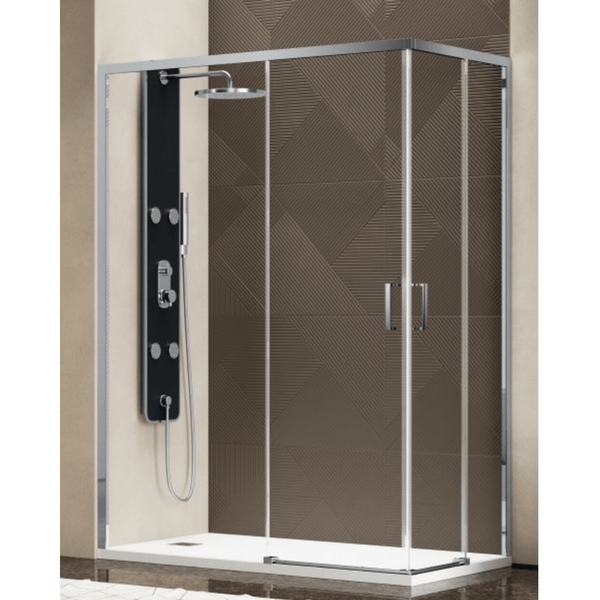 Eckdusche mit Duschpaneel und Brausekopf