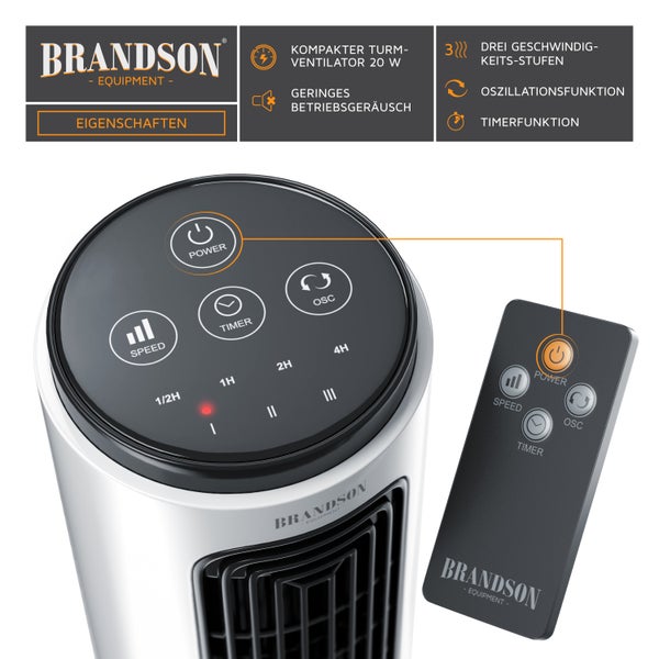 Brandson Tischventilator 20W mit Fernbedienung, Ventilator kompakter Turmventilator mit Oszillation, mobiler Lüfter, 3 Leistungsstufen,Timer, leise