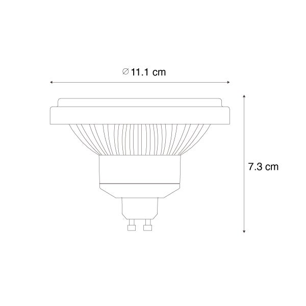 Technische Zeichnung eines LED-Leuchtmittels mit einem Durchmesser von 11,1 Zentimeter und einer Höhe von 7,3 Zentimeter.