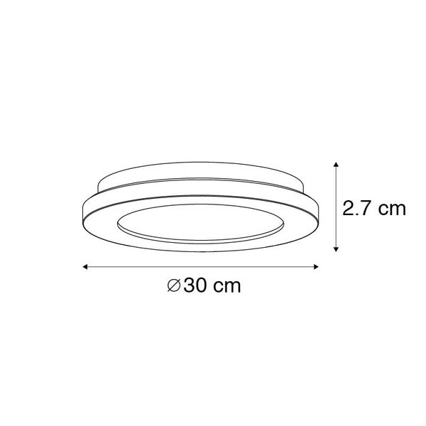Technische Zeichnung einer runden Deckenleuchte mit einem Durchmesser von 30 Zentimetern und einer Höhe von 2,7 Zentimetern.
