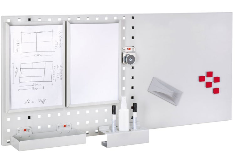 Magnettafel mit Zubehör wie Rahmen, Stiften und Ablagen für Bürobedarf