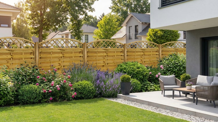 Garten mit Holzzaun, Blumen und Gartenmöbeln auf Terrasse