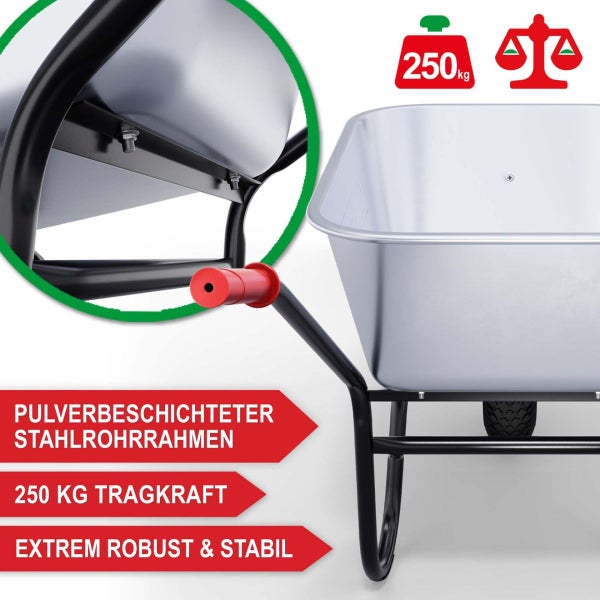 Schubkarre mit pulverbeschichtetem Stahlrohrrahmen, 250 Kilogramm Tragkraft, extrem robust und stabil.