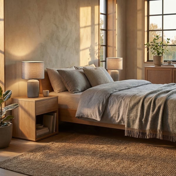 Helles minimalistisches Schlafzimmer mit Holzbett, grauer Bettwäsche, Sisalteppich und Tischleuchten. Natürliches Sonnenlicht fällt durch Fenster.