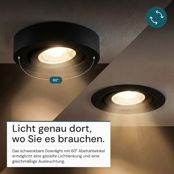 Schwenkbares schwarzes LED Downlight mit 60 Grad Abstrahlwinkel für gezielte Beleuchtung als Aufbau- und Einbauleuchte.