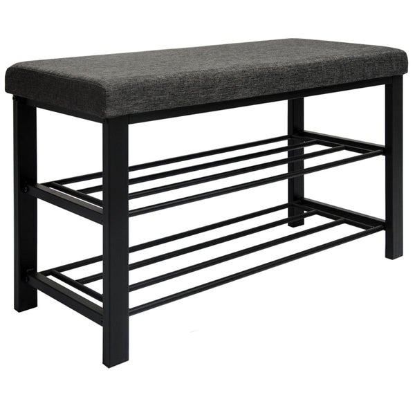 Schuhbank mit grauem Polstersitz und zwei schwarzen Metallablagen.