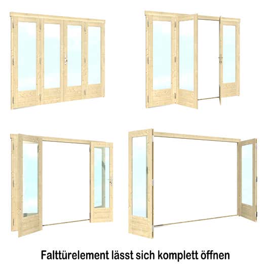 Falttürelement aus Holz mit vier Glaselementen zeigt verschiedene Öffnungsstufen von geschlossen bis komplett geöffnet.