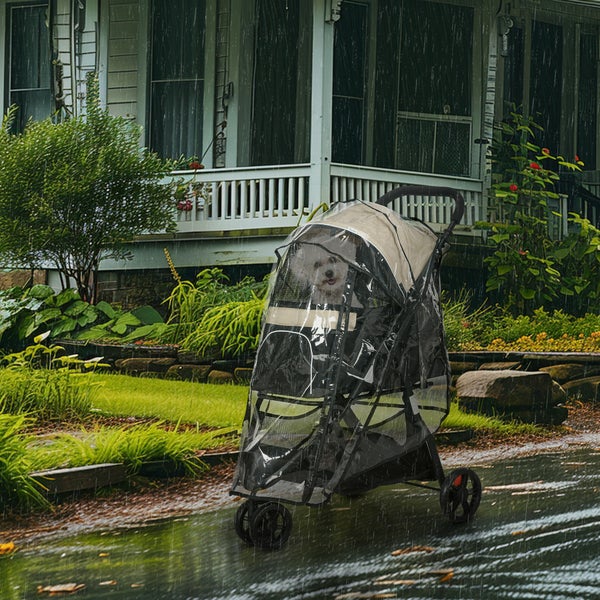 PawHut 2 in 1 Hundewagen Hundebuggy mit Regenschutz klappbar für Hunde & Katzen bis 10 kg Katzenbuggy mit Kissen Netzfenstern Türen Aufbewahrungskorb Katzenwagen Buggy Khaki