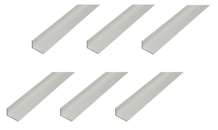 Sechs gleich lange Aluminium Winkelprofile zur Befestigung und Stabilisierung im Metallbau.