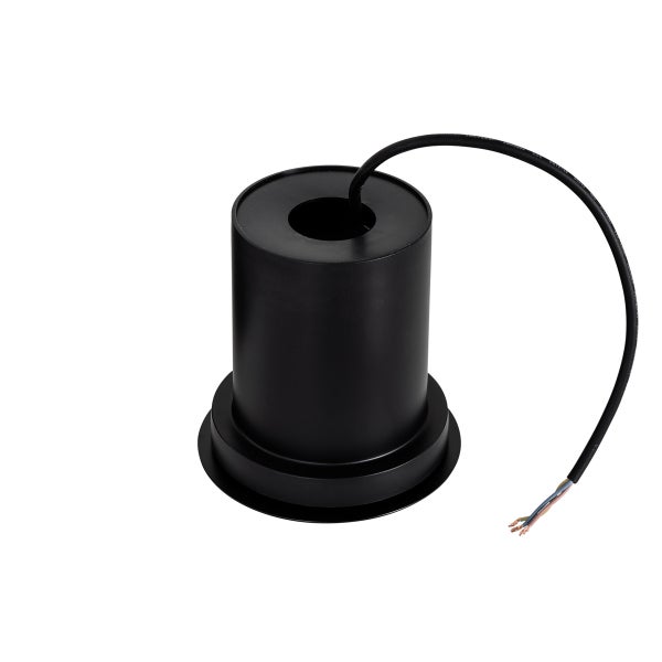 Einbaugehäuse für Spotlights in Schwarz mit fest installiertem Anschlusskabel.