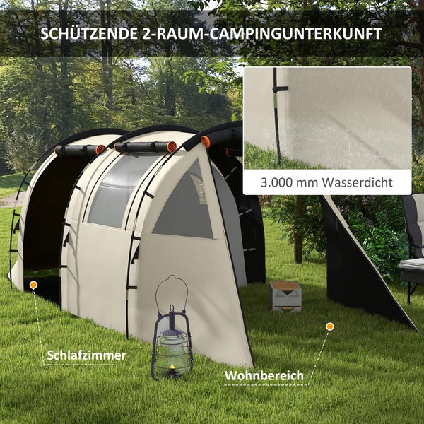 Outsunny Tunnelzelt, Campingzelt für 5 Personen, Familienzelt mit 2 Räumen, Tragetasche, Polyester, Oxfordstoff, 460L x 230B x 180H cm, Khaki