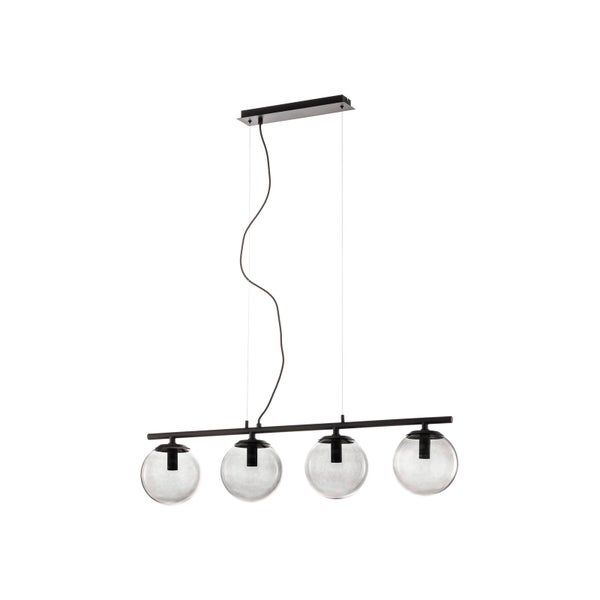 Vierflammige Pendelleuchte mit schwarzem Metallgestell und runden Glasschirmen aus klarem Glas.